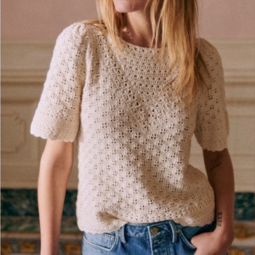 Sezane Cream Crochet Knit Short-Sleeve Sweater